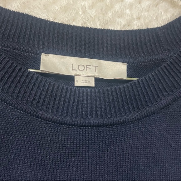 LOFT Navy Blue Knit Sweater Long Sleeves Open Shoulder Cotton Blend Medium - Picture 4 of 6